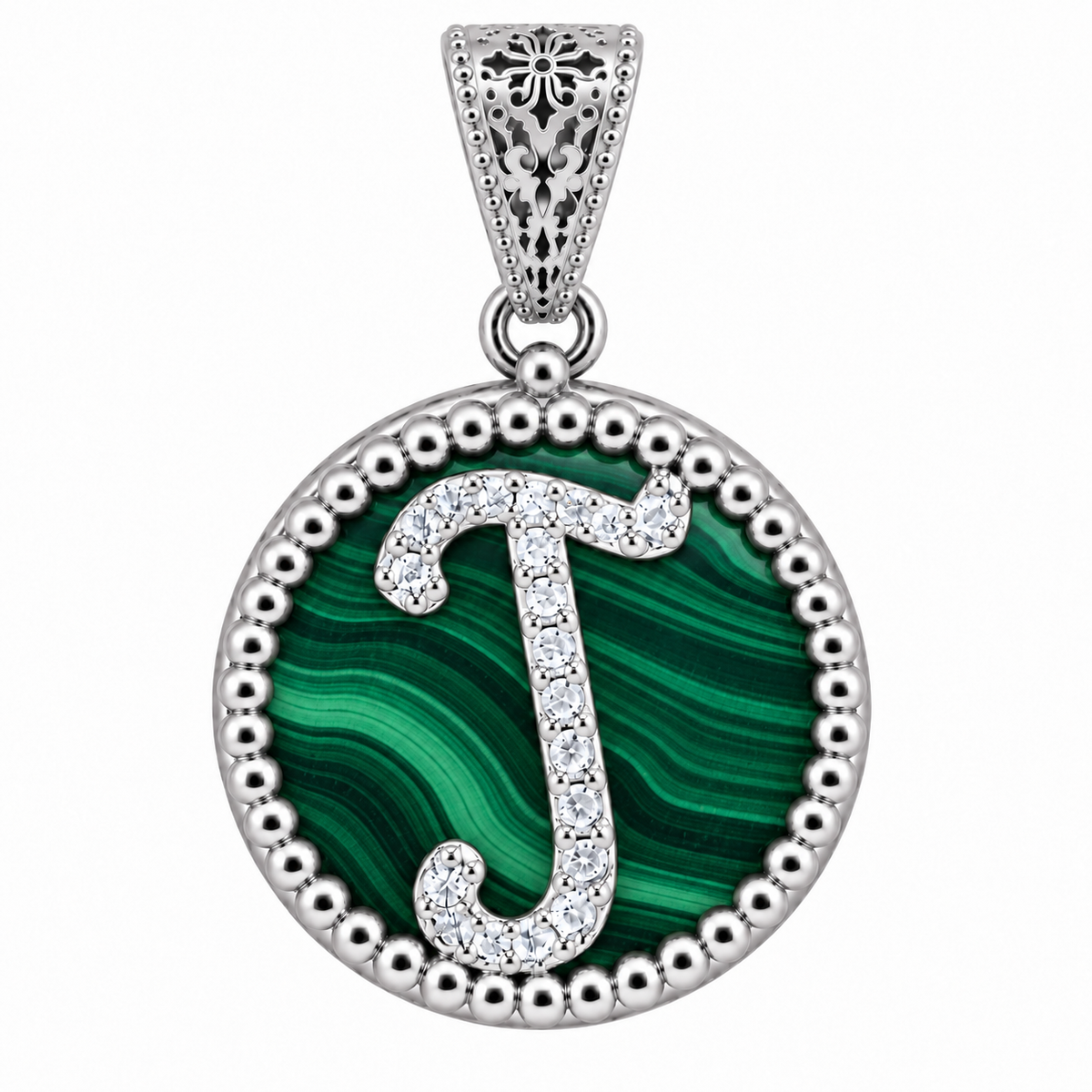 collana con pendente "lettera" piccolo malachite bianco rodiato