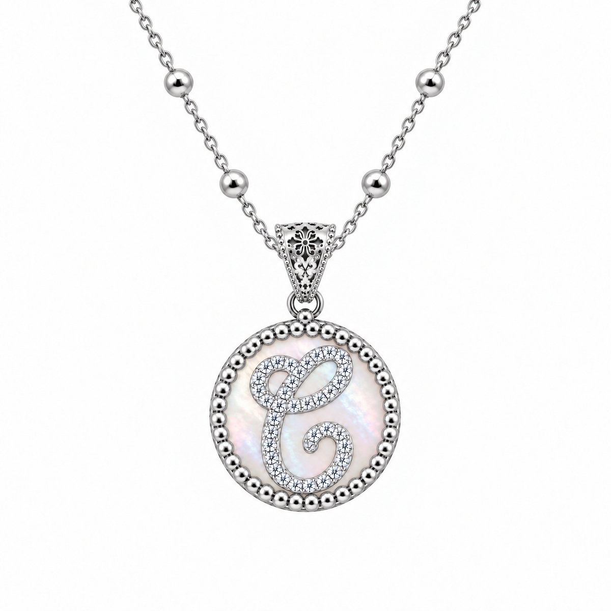 collana con pendente "lettera" piccolo madreperla bianco rodiato con forzatina