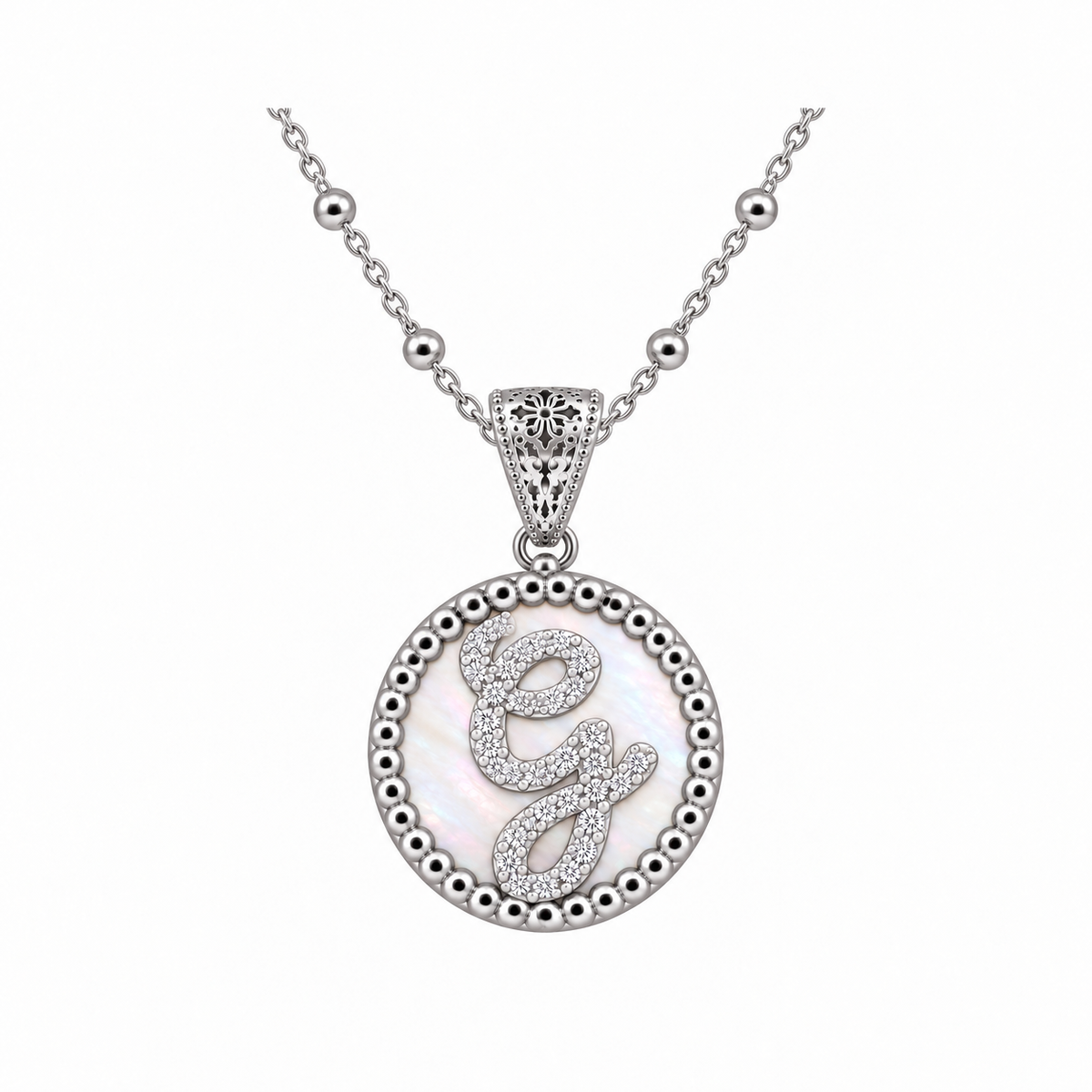 collana con pendente "lettera" piccolo madreperla bianco rodiato con forzatina