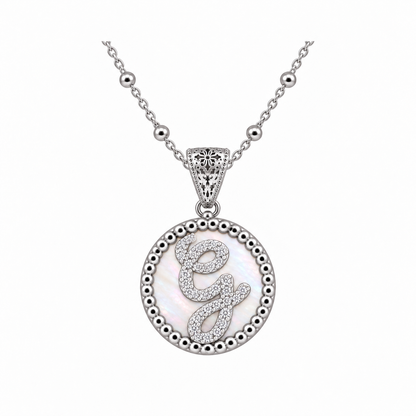 Collana con Pendente "Lettera" Piccolo Madreperla Bianco Rodiato con Forzatina