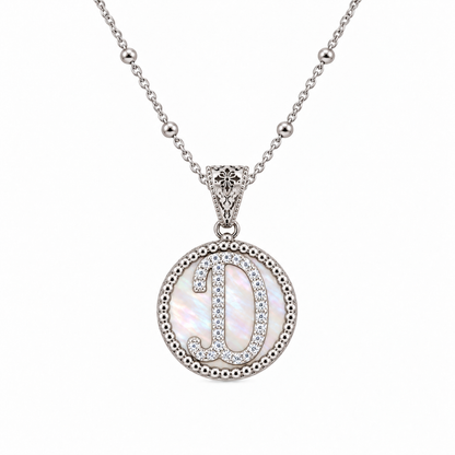 Collana con Pendente "Lettera" Piccolo Madreperla Bianco Rodiato con Forzatina
