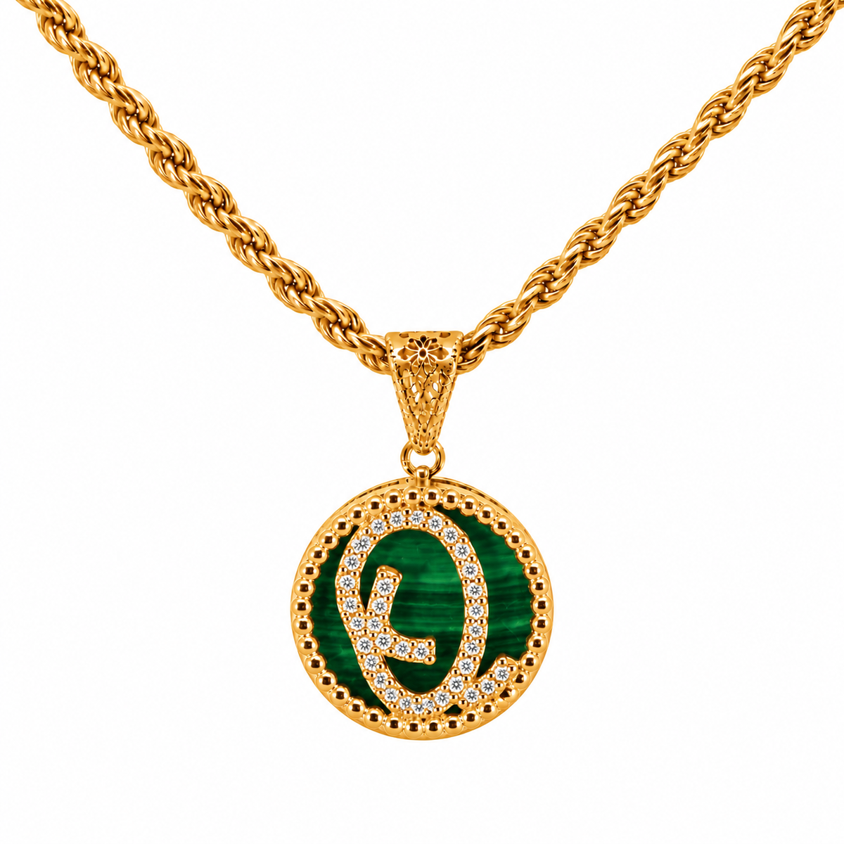 collana con pendente "lettera" piccolo malachite dorato