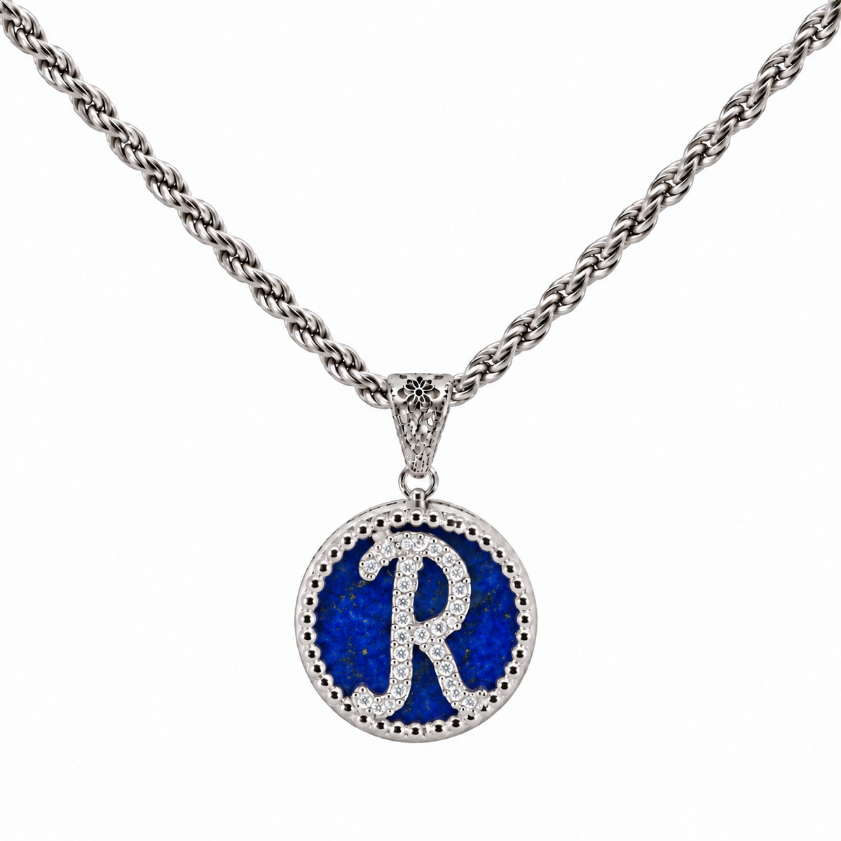 collana con pendente "lettera" piccolo lapislazzuli bianco rodiato