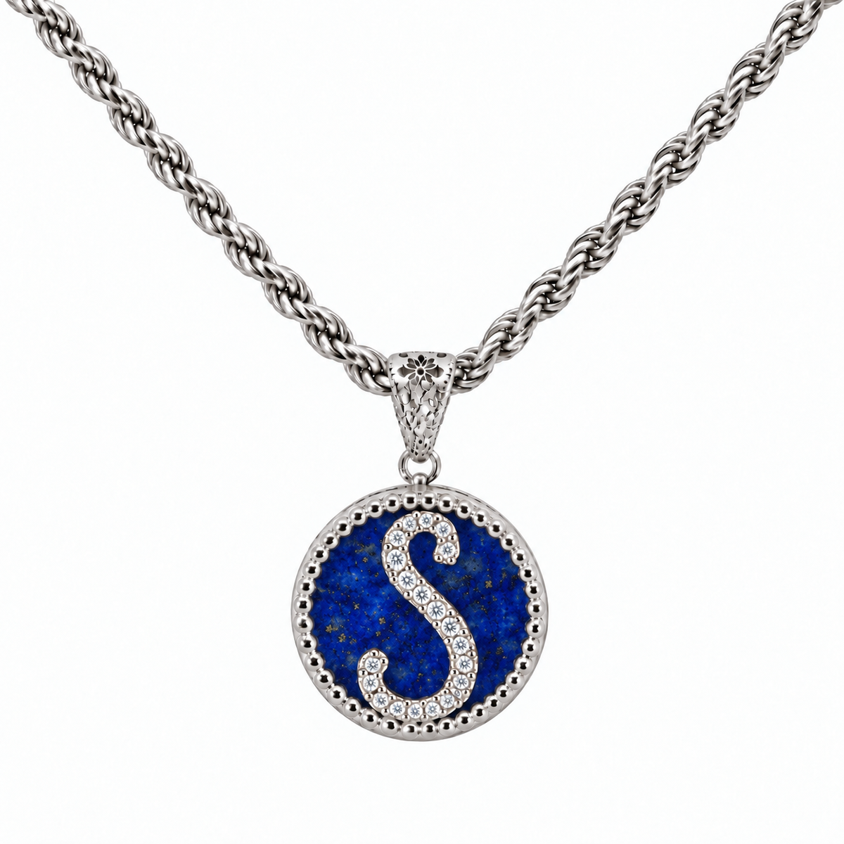 collana con pendente "lettera" piccolo lapislazzuli bianco rodiato
