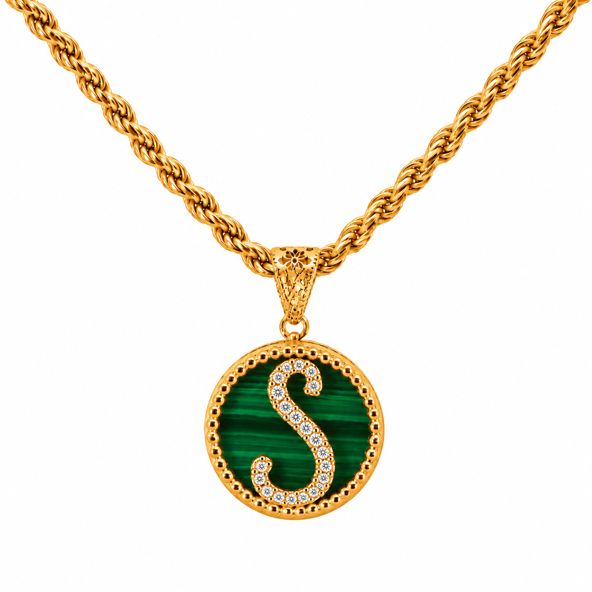 collana con pendente "lettera" piccolo malachite dorato