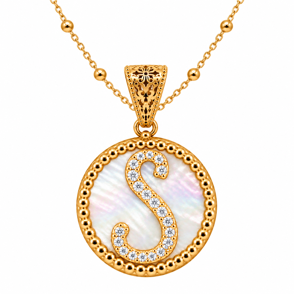 collana con pendente "lettera" piccolo madreperla dorato con forzatina