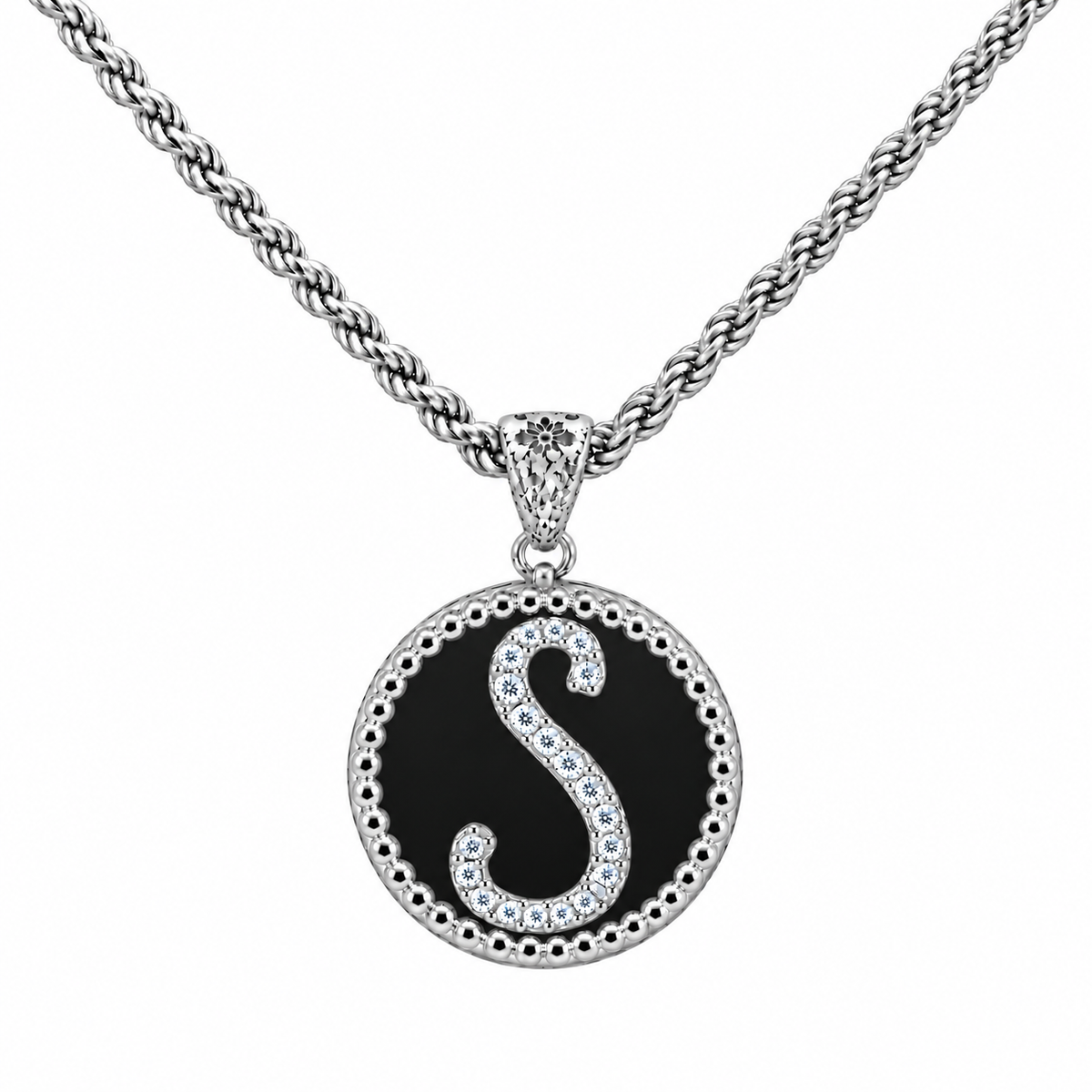 collana con pendente "lettera" grande onice bianco rodiato