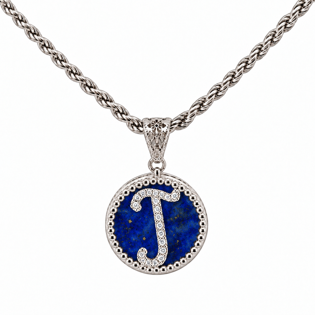 collana con pendente "lettera" piccolo lapislazzuli bianco rodiato