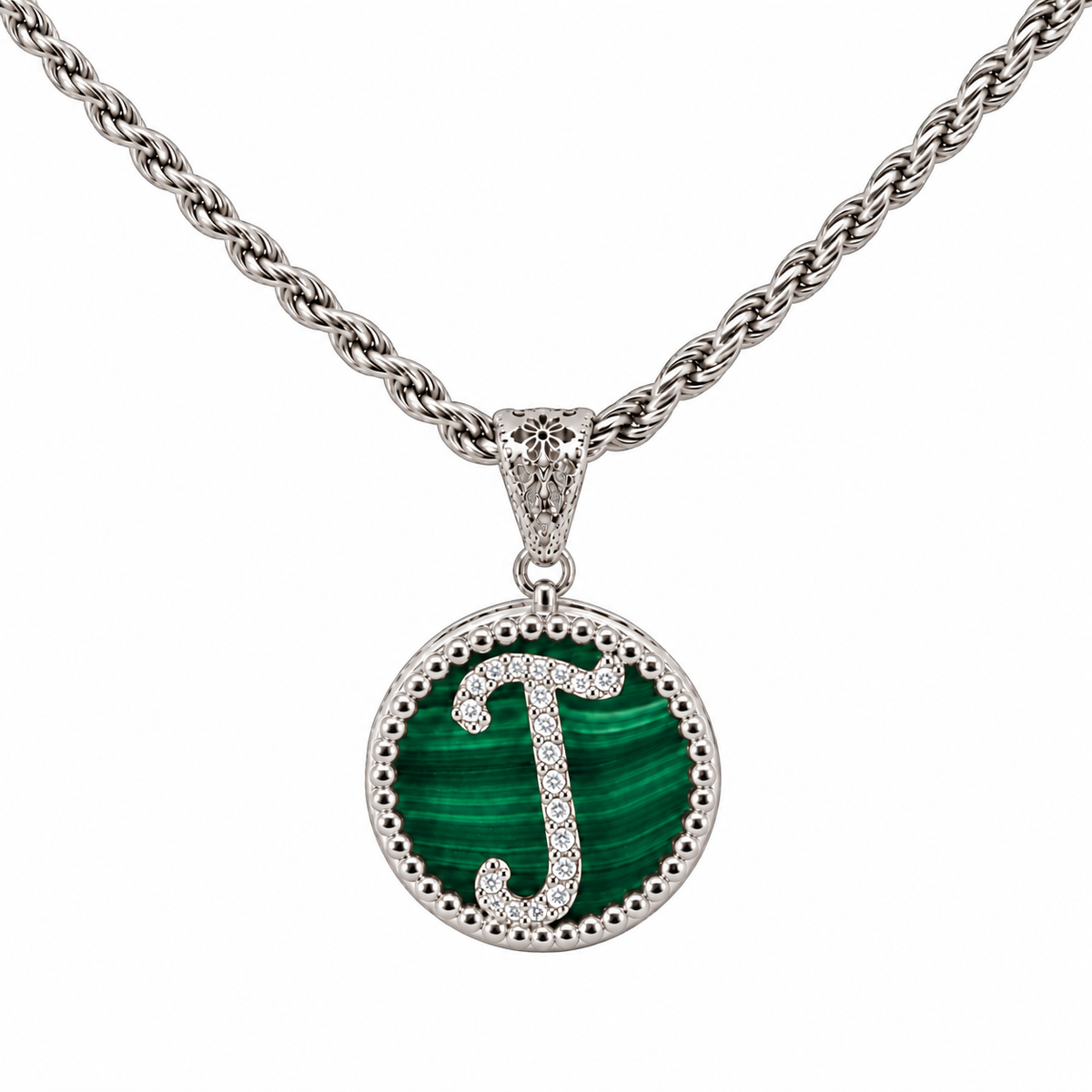 collana con pendente "lettera" piccolo malachite bianco rodiato