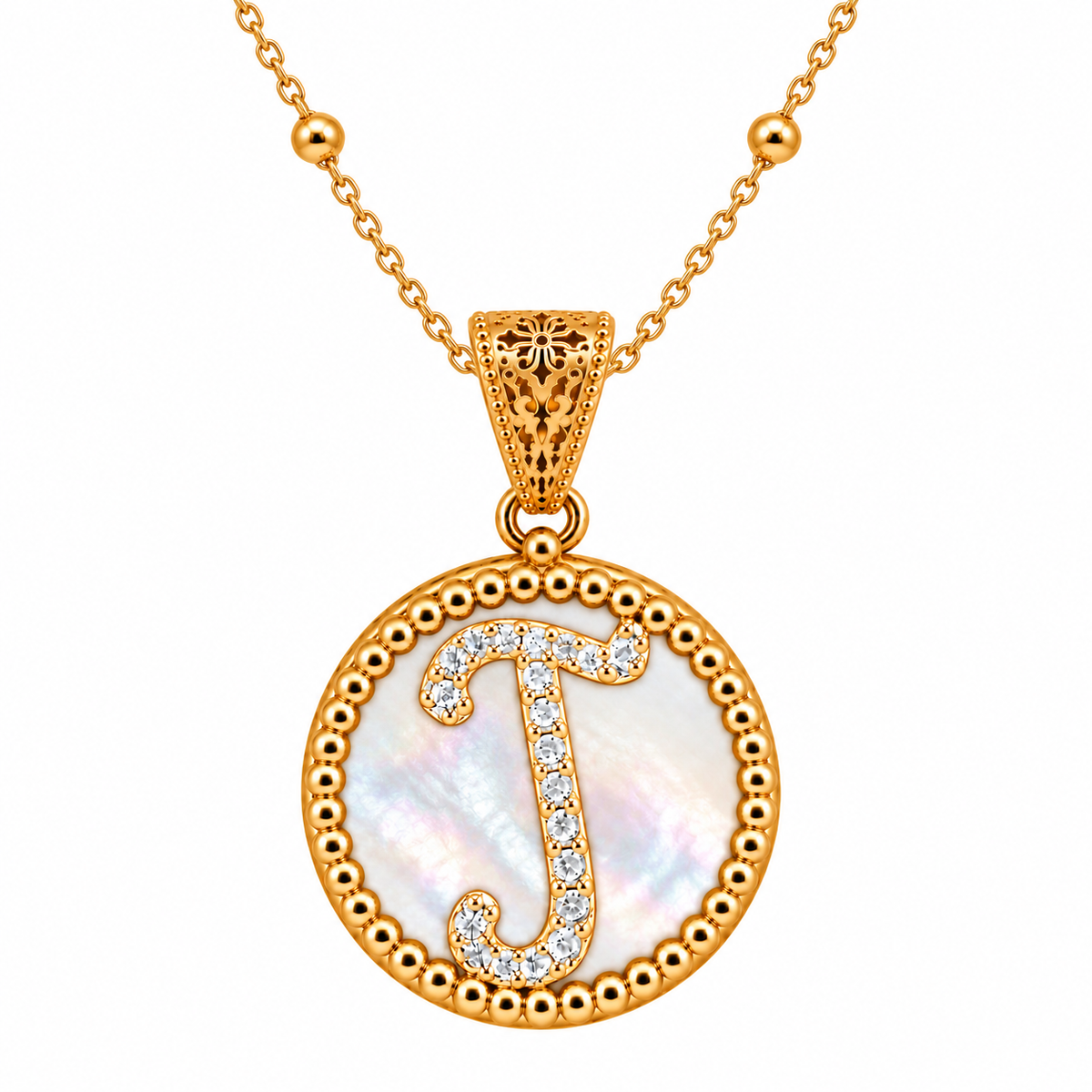 collana con pendente "lettera" piccolo madreperla dorato con forzatina