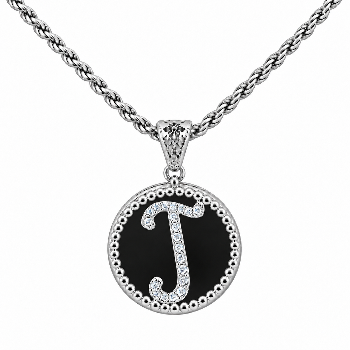 collana con pendente "lettera" grande onice bianco rodiato