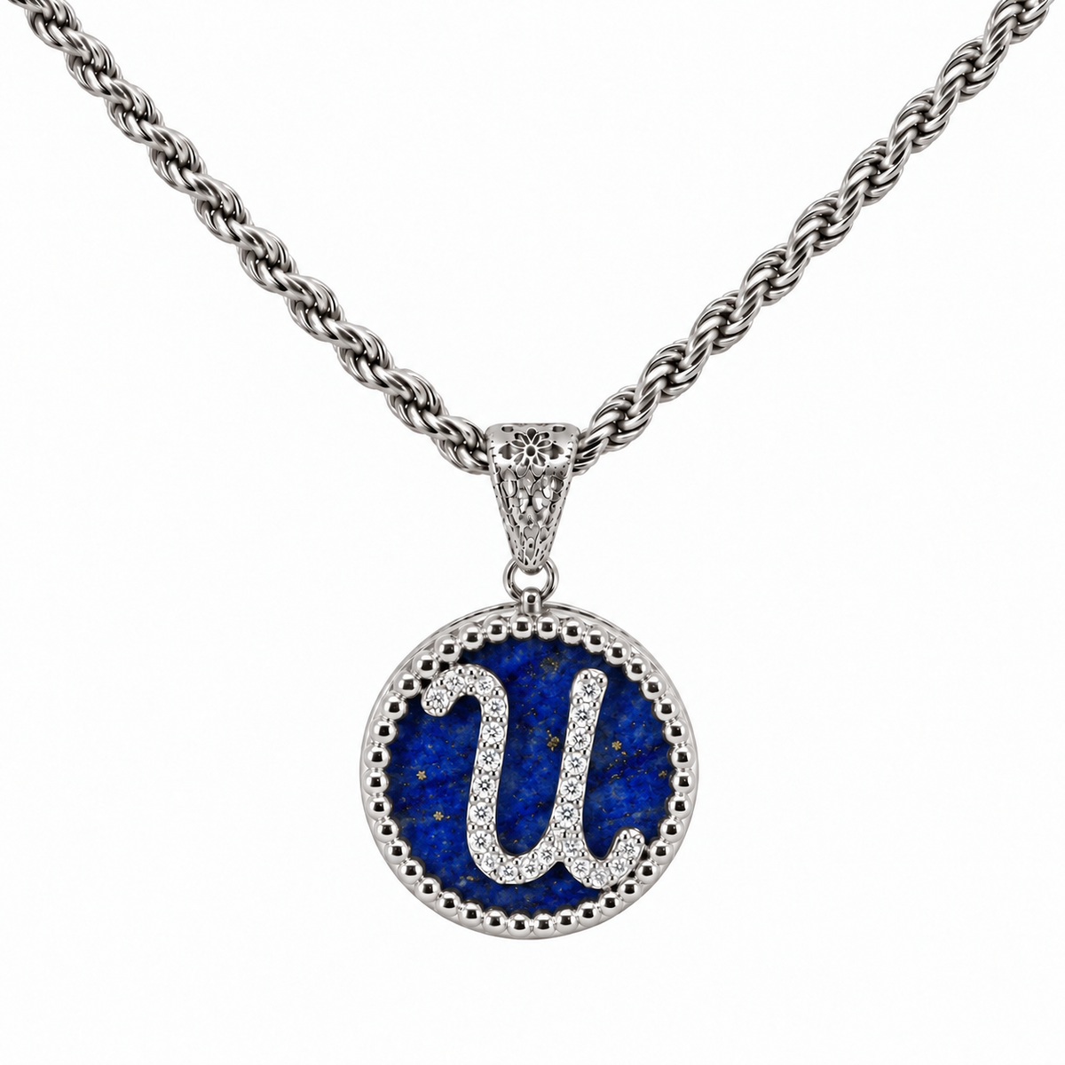 collana con pendente "lettera" piccolo lapislazzuli bianco rodiato
