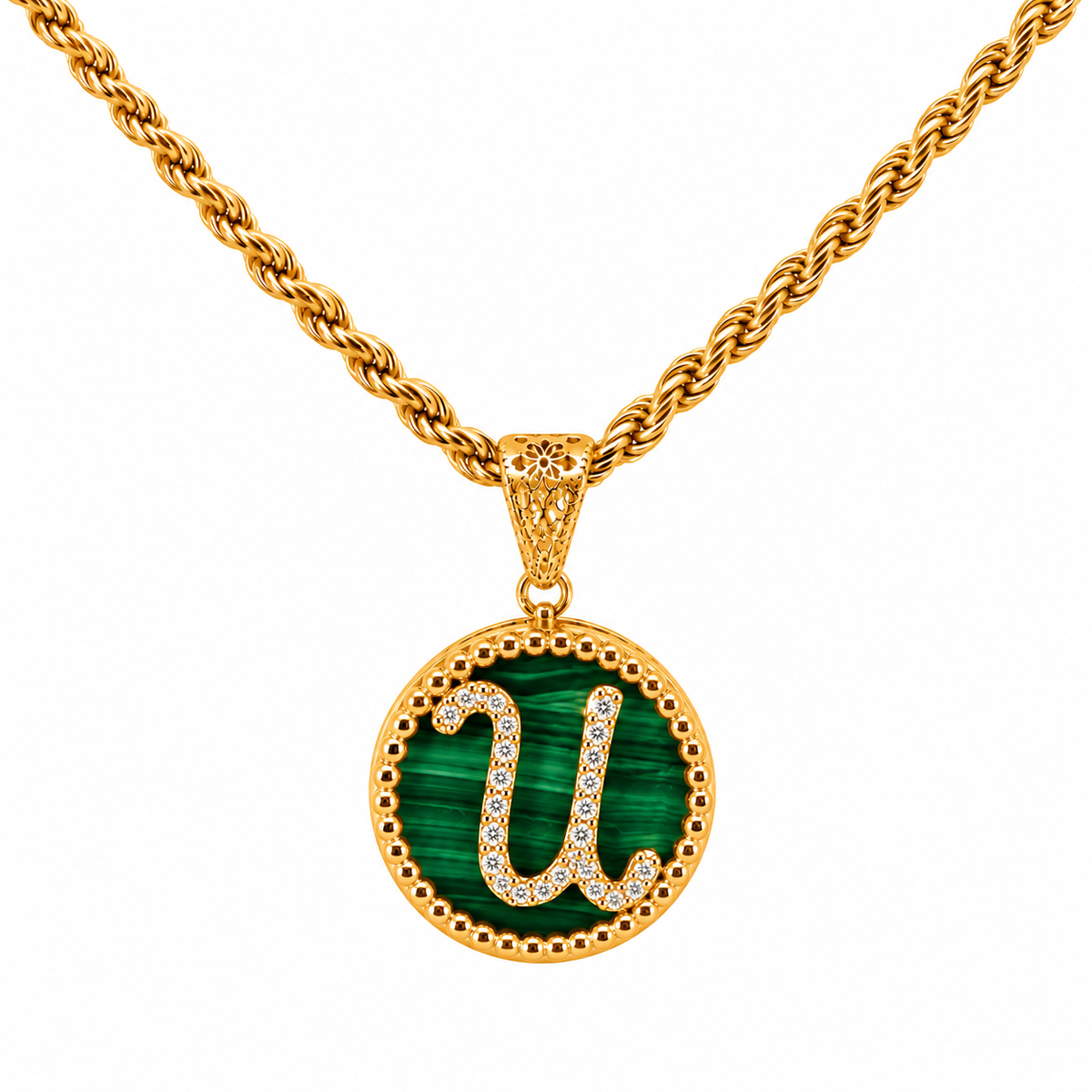 collana con pendente "lettera" piccolo malachite dorato
