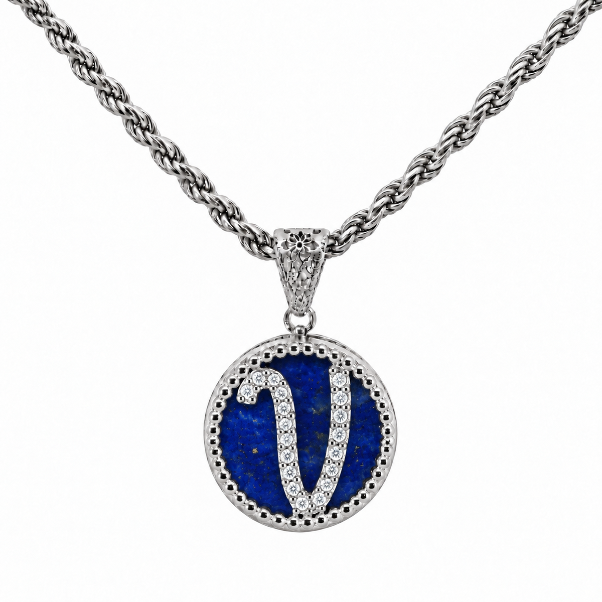 collana con pendente "lettera" piccolo lapislazzuli bianco rodiato