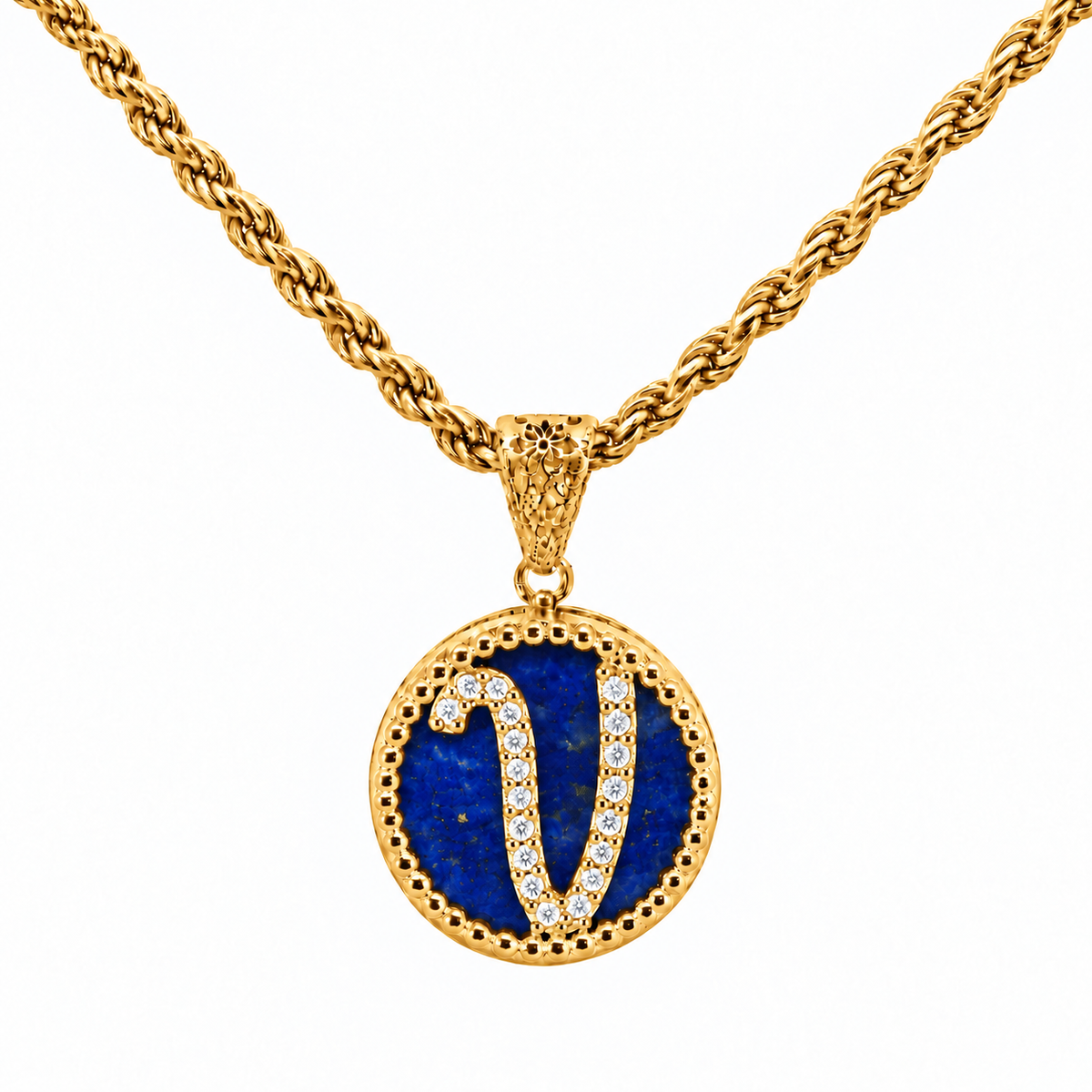 collana con pendente "lettera" piccolo lapislazzuli dorato