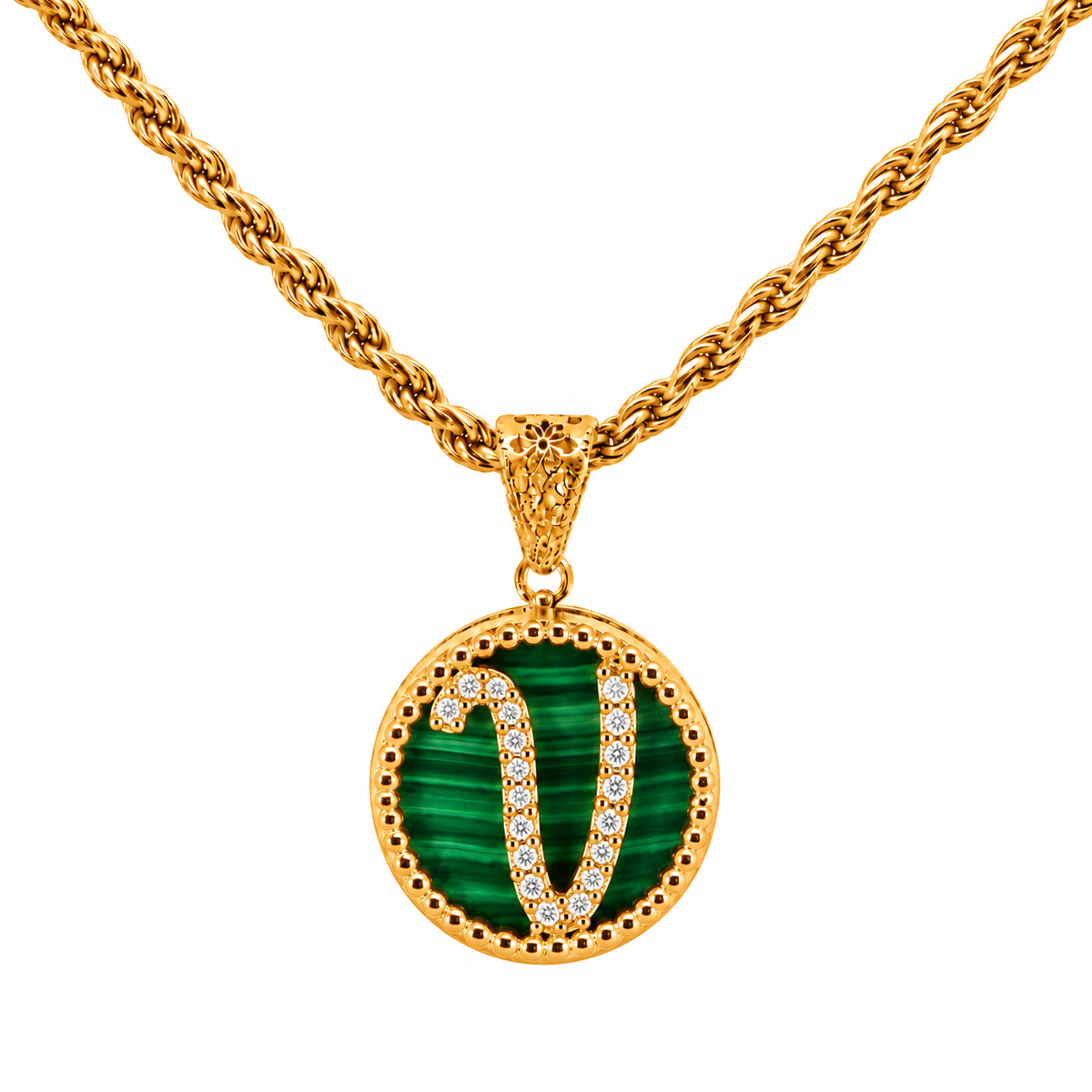 collana con pendente "lettera" piccolo malachite dorato