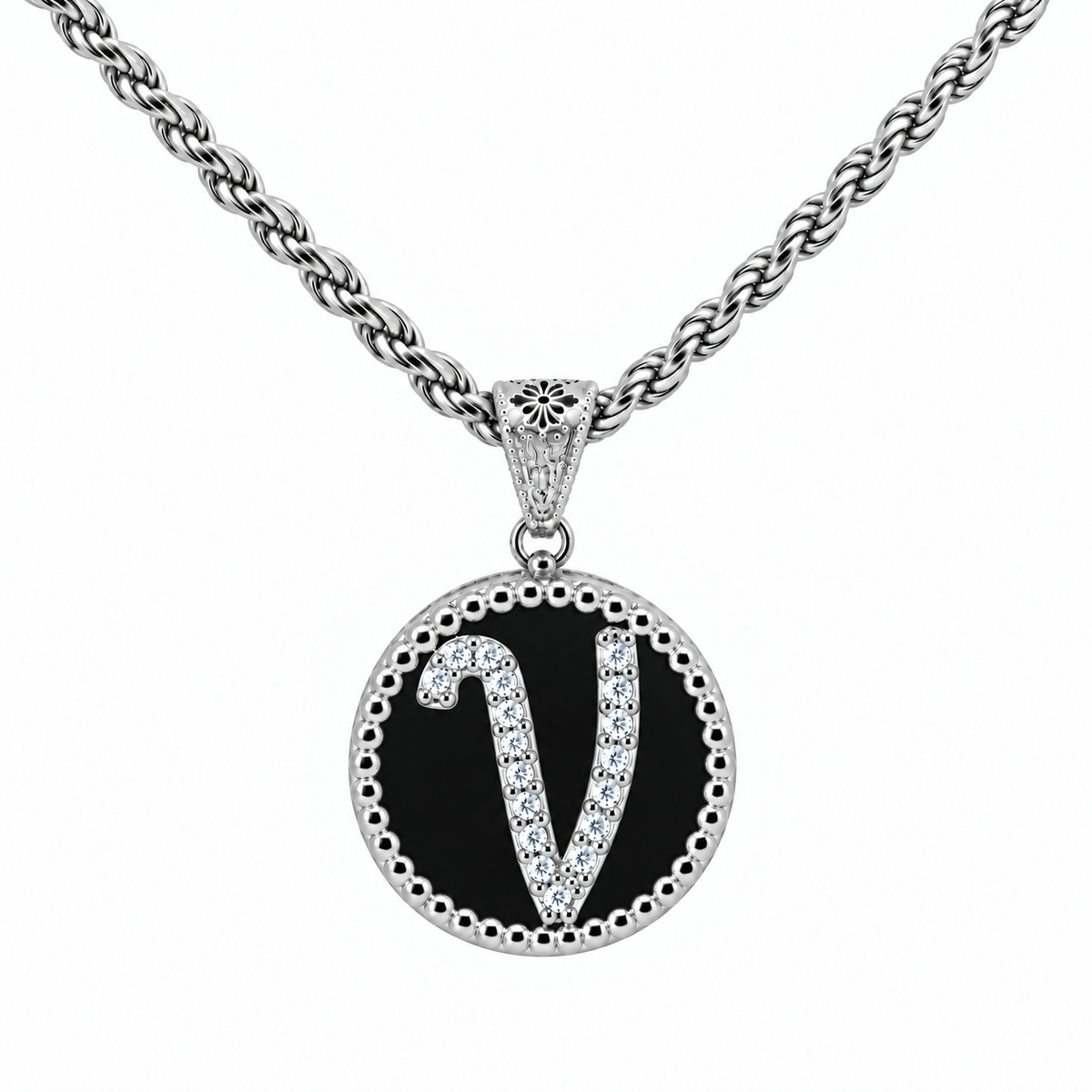 collana con pendente "lettera" grande onice bianco rodiato