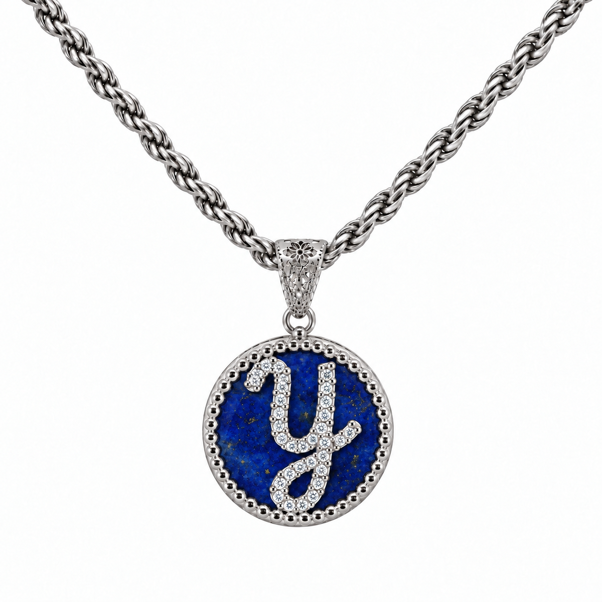 collana con pendente "lettera" piccolo lapislazzuli bianco rodiato