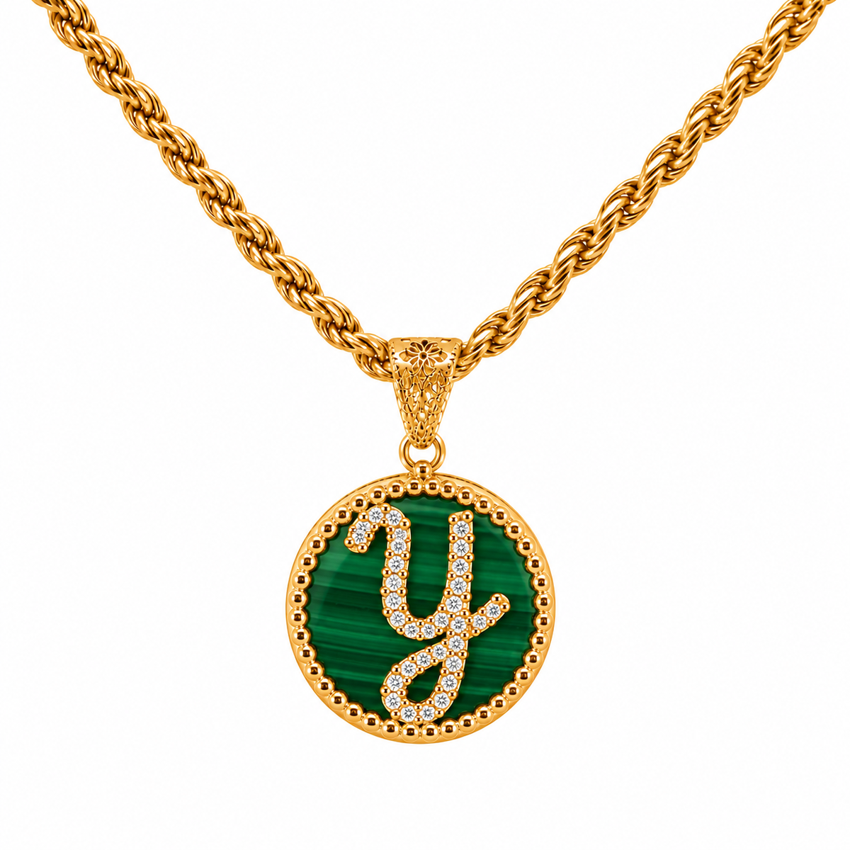 collana con pendente "lettera" piccolo malachite dorato