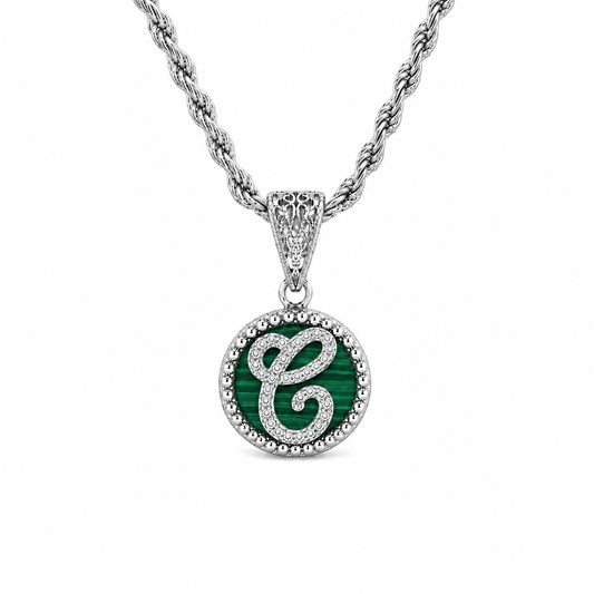 Pendente "Lettera" Piccolo Malachite Bianco Rodiato