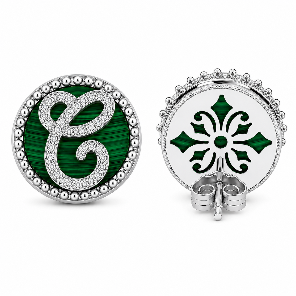 orecchini "lettera" malachite bianchi rodiati