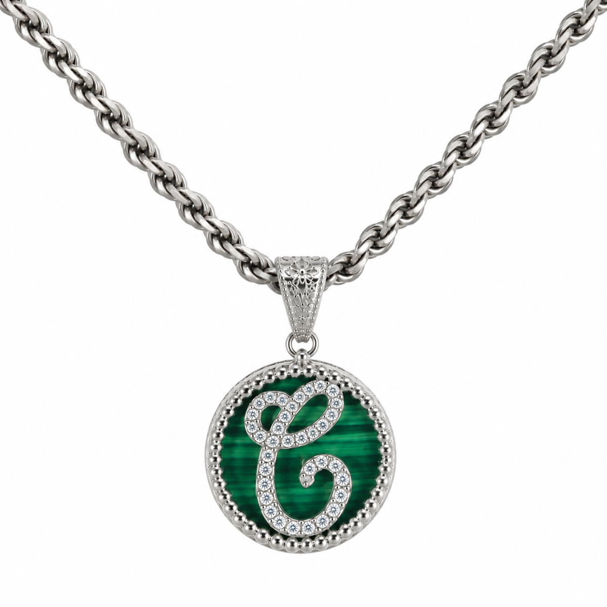 collana con pendente "lettera" piccolo malachite bianco rodiato