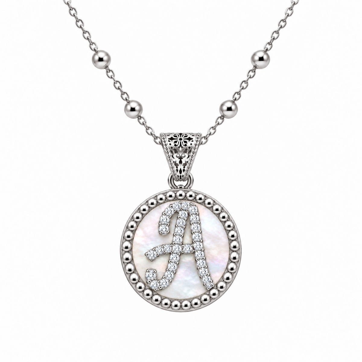 collana con pendente "lettera" piccolo madreperla bianco rodiato con forzatina