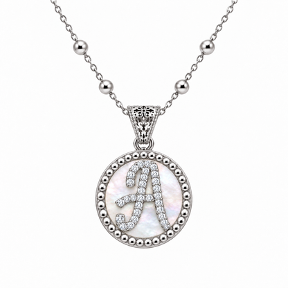 Collana con Pendente "Lettera" Piccolo Madreperla Bianco Rodiato con Forzatina