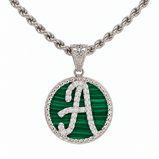 Collana con Pendente "Lettera" Grande Malachite Bianco Rodiato