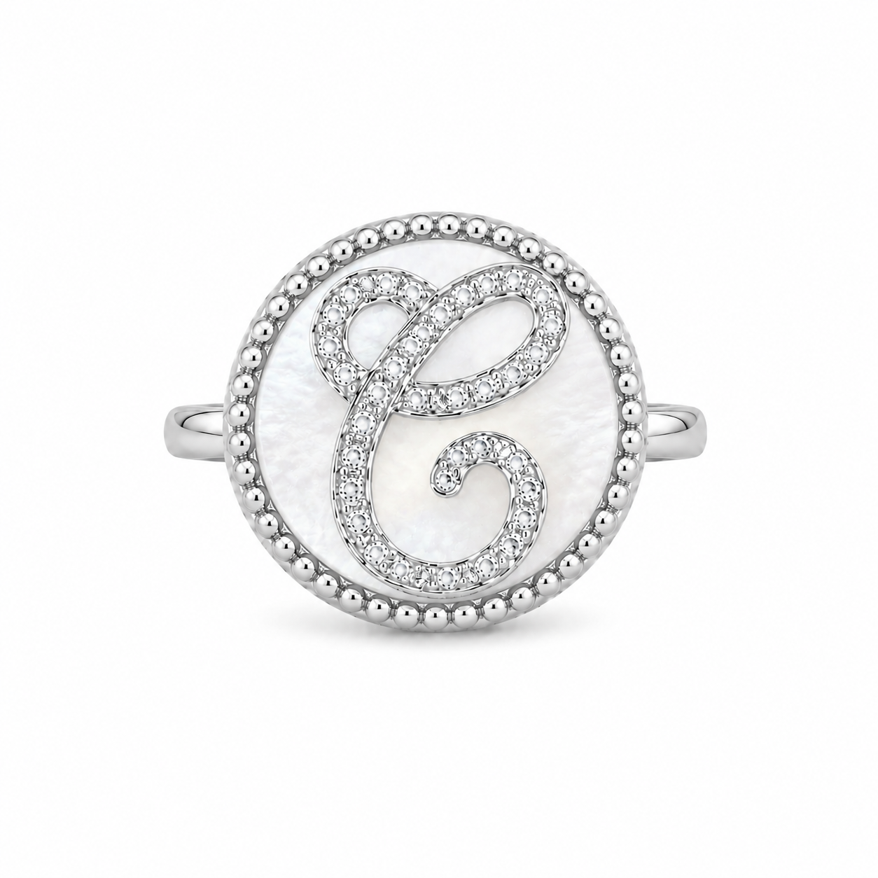 anello "lettera" madreperla bianco rodiato