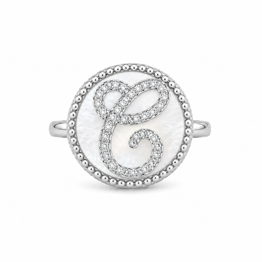 Anello "Lettera" Madreperla Bianco Rodiato