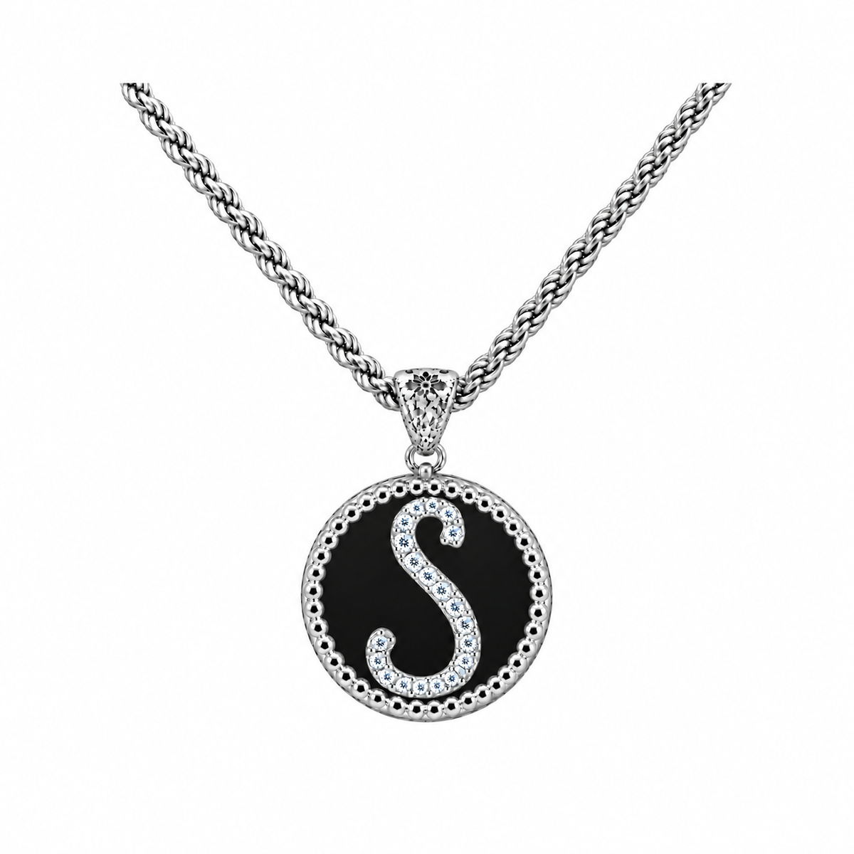 collana con pendente "lettera" piccola onice bianco rodiato